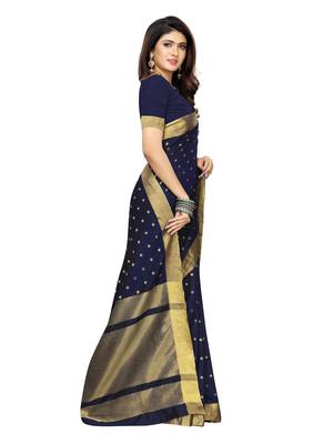 Navy Blue Woven Chanderi Silk Saree With Blouse 3