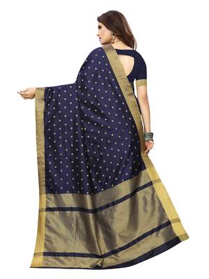 Navy Blue Woven Chanderi Silk Saree With Blouse 4