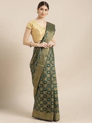 Kimisha Women's Green Color Silk Blend Kanjivaram Saree 1
