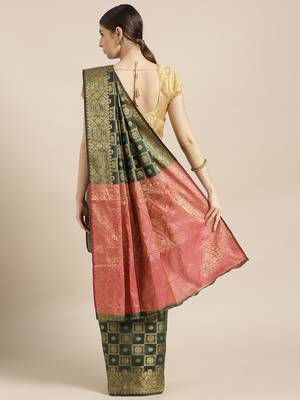 Kimisha Women's Green Color Silk Blend Kanjivaram Saree 2