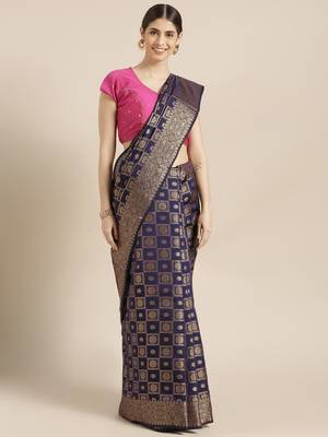 Kimisha Women's Navy Blue Color Silk Blend Kanjivaram Saree 1