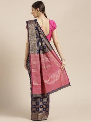 Kimisha Women's Navy Blue Color Silk Blend Kanjivaram Saree 2