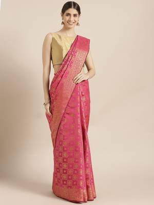 Kimisha Women's Pink Color Silk Blend Kanjivaram Saree 1