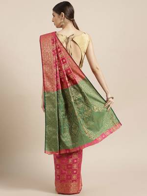 Kimisha Women's Pink Color Silk Blend Kanjivaram Saree 2