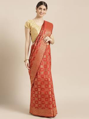 Kimisha Women's Red Color Silk Blend Kanjivaram Saree 1