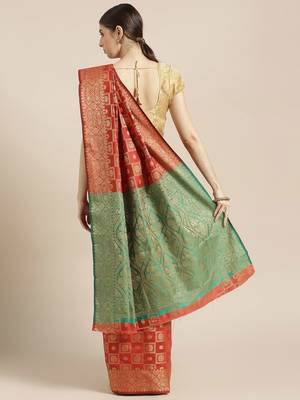 Kimisha Women's Red Color Silk Blend Kanjivaram Saree 2