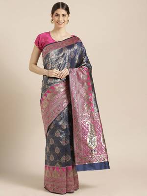 Kimisha Women's Navy Color Silk Blend Kanjivaram  Saree 1