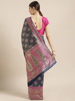 Kimisha Women's Navy Color Silk Blend Kanjivaram  Saree 2