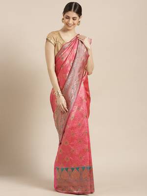 Kimisha Women's Pink Color Silk Blend Kanjivaram  Saree 1
