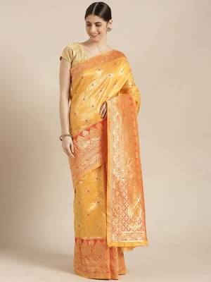 Kimisha Women's Yellow Color Silk Blend Kanjivaram  Saree 1