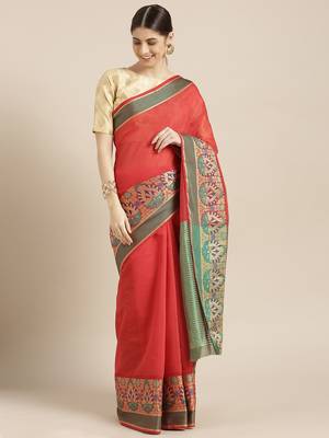 Kimisha Women's Red Silk Cotton Kanjivaram Saree 1