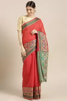 Kimisha Women's Red Silk Cotton Kanjivaram Saree