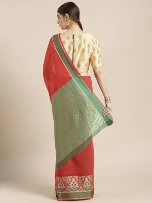 Kimisha Women's Red Silk Cotton Kanjivaram Saree 2