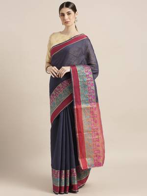 Kimisha Women's Navy Silk Cotton Kanjivaram Saree 1
