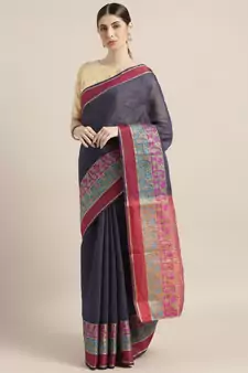 Kimisha Women's Navy Silk Cotton Kanjivaram Saree