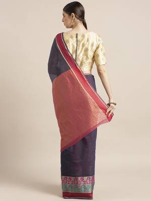 Kimisha Women's Navy Silk Cotton Kanjivaram Saree 2