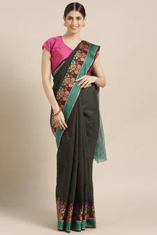 Kimisha Women's Black Silk Cotton Kanjivaram Saree