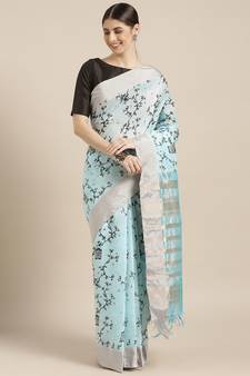 Women'S Sky Blue Linen Woven Saree