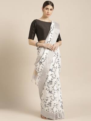 Kimisha Women's White Linen Woven Saree 1