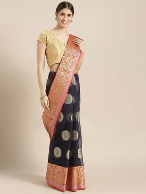 Kimisha Women's Navy Kota Doria Zari Woven Saree with Zari Border 1