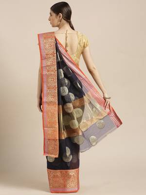 Kimisha Women's Navy Kota Doria Zari Woven Saree with Zari Border 2