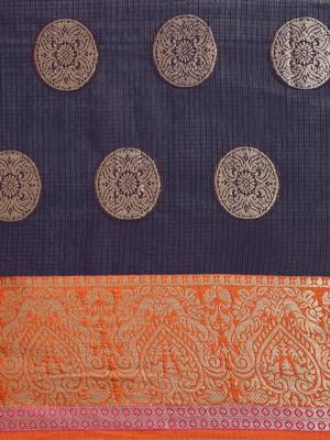 Kimisha Women's Navy Kota Doria Zari Woven Saree with Zari Border 4