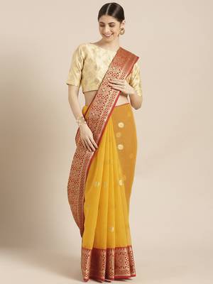Mustard woven blended cotton saree with blouse 1
