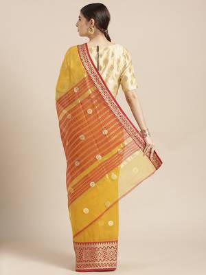 Mustard woven blended cotton saree with blouse 2