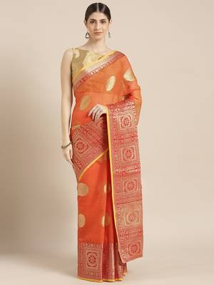 Kimisha Women's Orange Kota Doria Zari Woven Saree with Zari Border 1