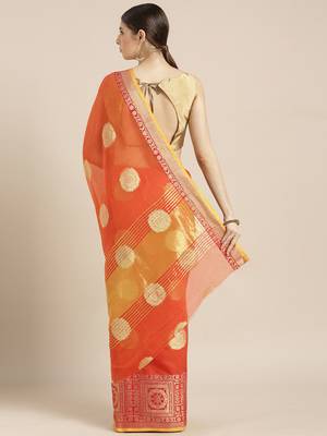 Kimisha Women's Orange Kota Doria Zari Woven Saree with Zari Border 2