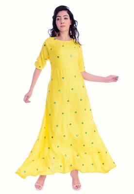 Yellow Mirror work rayon long kurti 1
