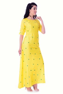Yellow Mirror work rayon long kurti 2