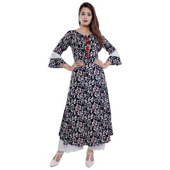 Black and white printed rayon long A-line kurti 1