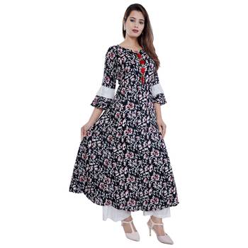Black and white printed rayon long A-line kurti 2