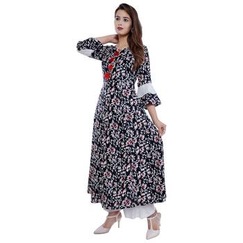 Black and white printed rayon long A-line kurti 3