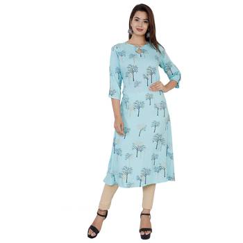 Sky blue printed rayon long A-line kurti 1
