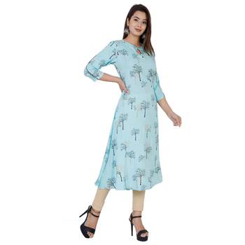 Sky blue printed rayon long A-line kurti 2