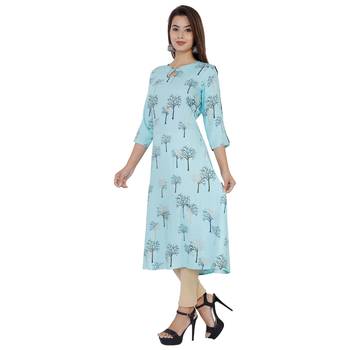 Sky blue printed rayon long A-line kurti 3