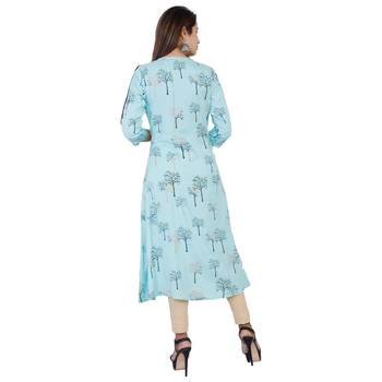 Sky blue printed rayon long A-line kurti 4
