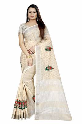 Cream Linen Cotton Embroider Work Silver Border Sari with Blouse 1