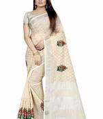 Cream Linen Cotton Embroider Work Silver Border Sari with Blouse