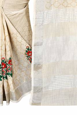 Cream Linen Cotton Embroider Work Silver Border Sari with Blouse 2