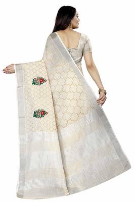Cream Linen Cotton Embroider Work Silver Border Sari with Blouse 3