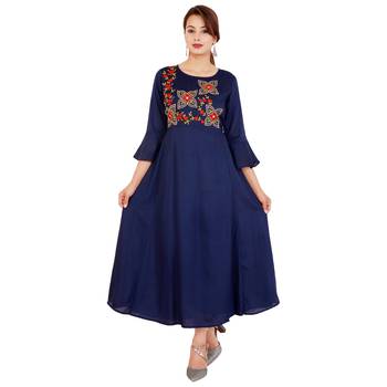 Navy blue embroideried rayon a-line kurti 1