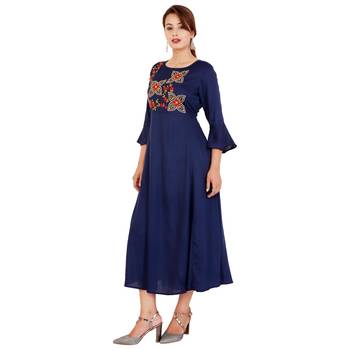Navy blue embroideried rayon a-line kurti 3