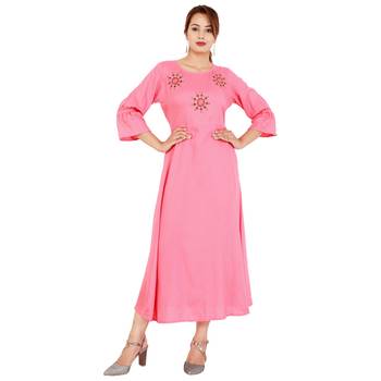 Pink embroideried rayon a-line kurti 1