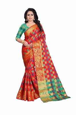 Women's Red Banarasi Soft Silk Saree With Blouse 1