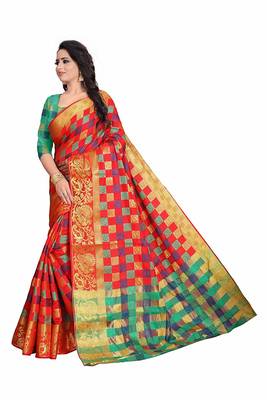 Women's Red Banarasi Soft Silk Saree With Blouse 2
