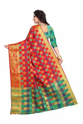 Women's Red Banarasi Soft Silk Saree With Blouse 3
