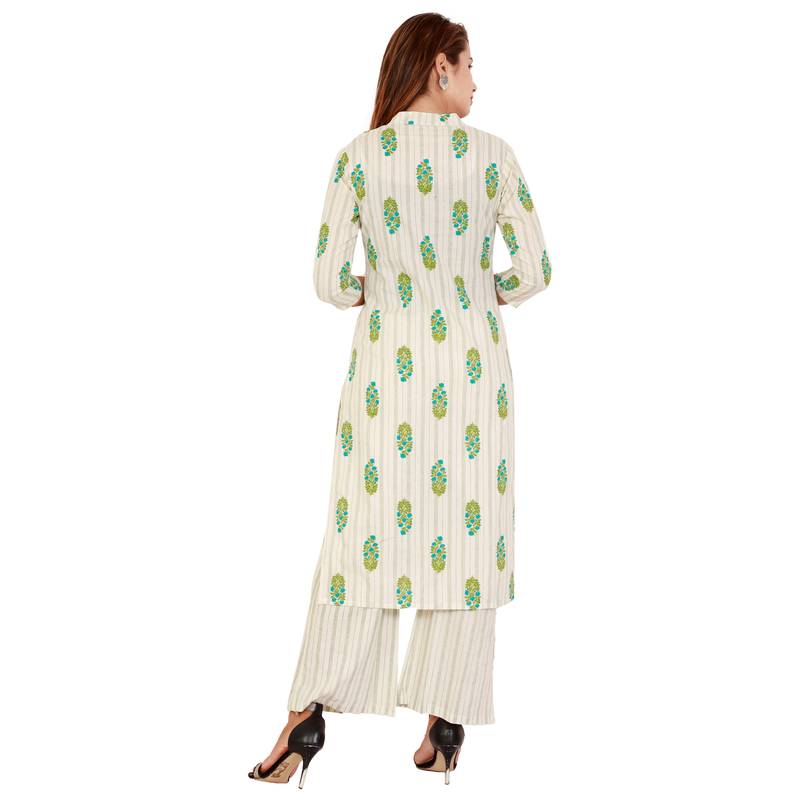 White Green Cotton Kurta Palazzo Set